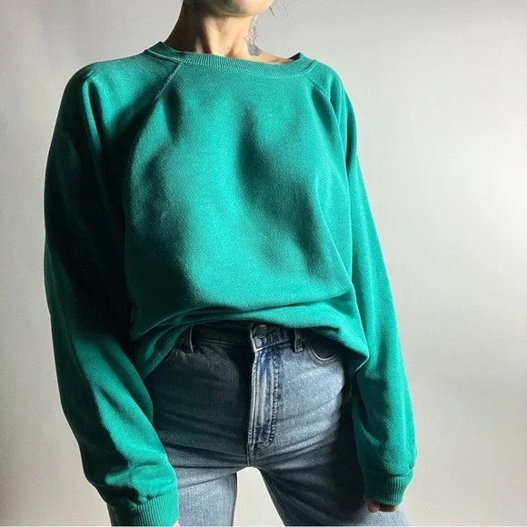 VINTAGE 90s Hanes Made in USA Teal Crewneck Sweatshirt Adult Large - Picture 1 of 7